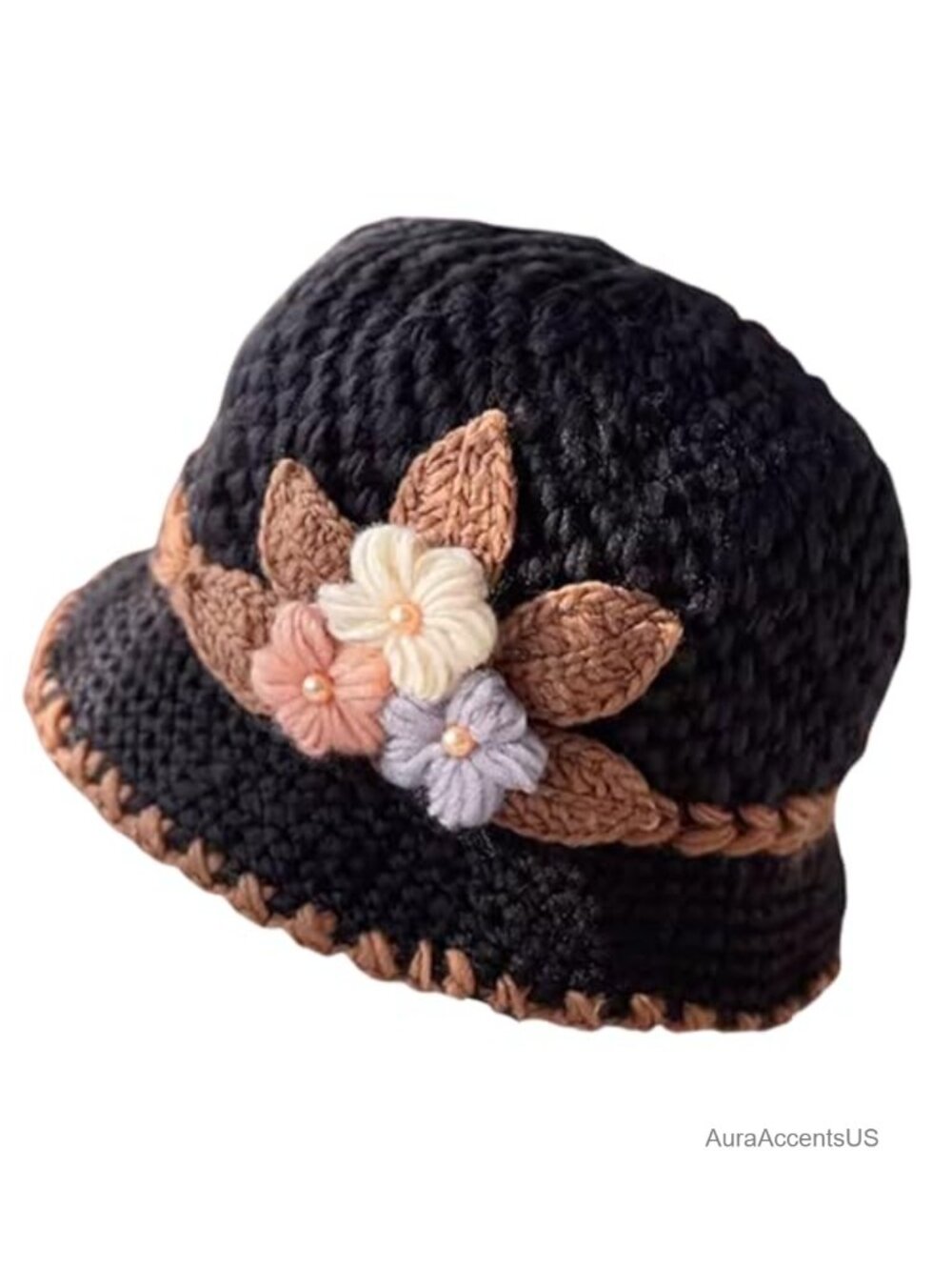 Thicken Fleece Lined Knitted Bucket Hat Floral Beanie Winter Warm